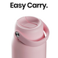 A close-up of a light pink insulated bottle with a matching pink lid and carry loop, shown against a white background with the text 'Easy Carry.' at the top.