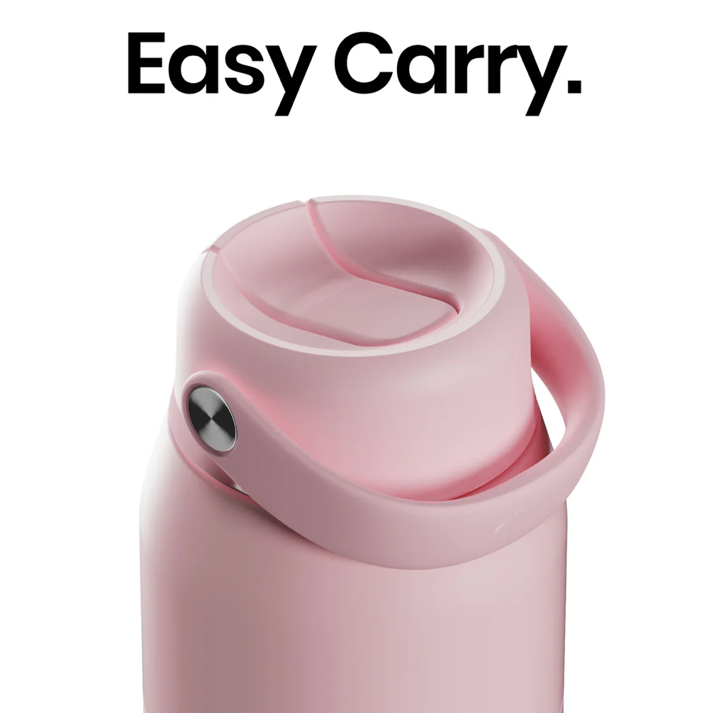 A close-up of a light pink insulated bottle with a matching pink lid and carry loop, shown against a white background with the text 'Easy Carry.' at the top.