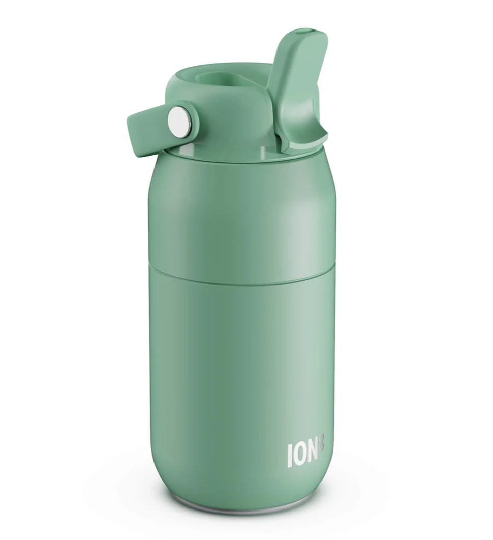 Aqua teal water bottle with straw, brand ION8 written on the base of the water bottle. 