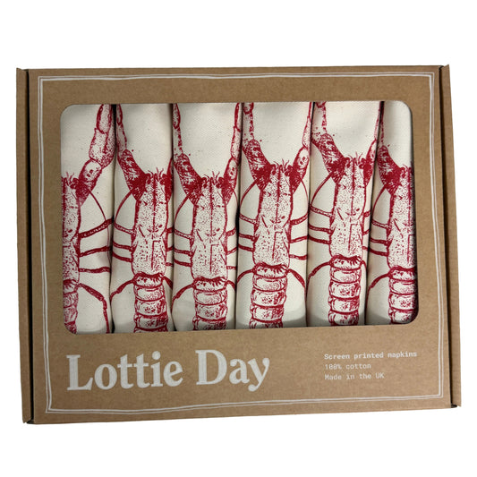 Box of Lottie Day napkins with red and white lobster pattern 