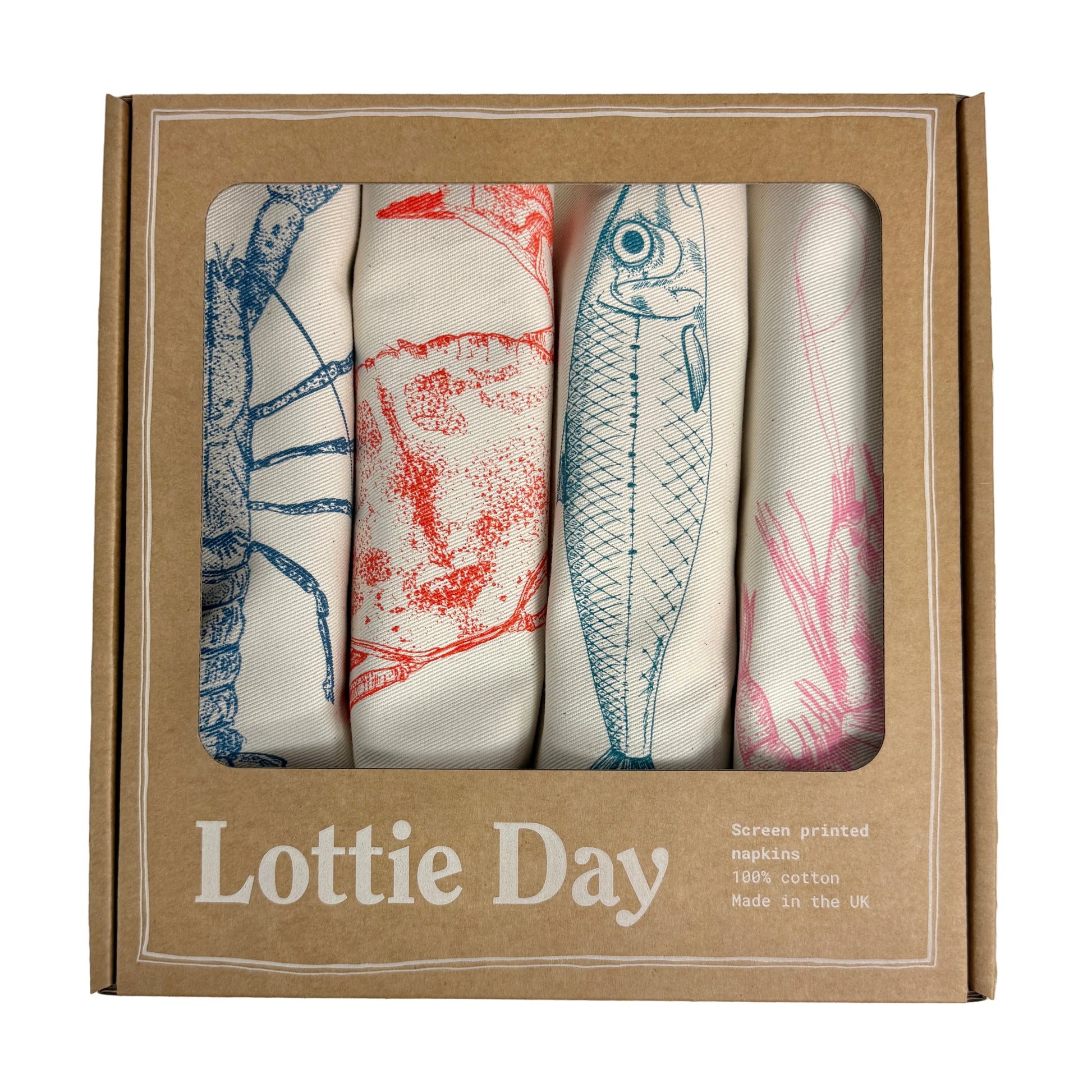 4 screen printed Napkins - original illustrations of blue lobster, crab, prawn, mackerel and prawn, these handmade accessories are&nbsp;an original idea for&nbsp;seafood lovers or a quirky present for a friend who has everything.