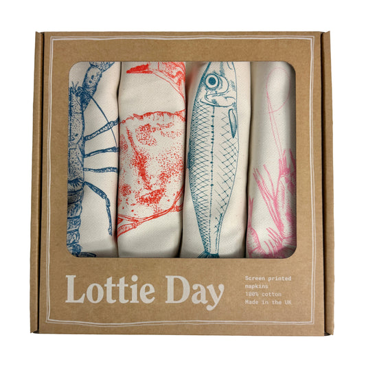 4 screen printed Napkins - original illustrations of blue lobster, crab, prawn, mackerel and prawn, these handmade accessories are&nbsp;an original idea for&nbsp;seafood lovers or a quirky present for a friend who has everything.