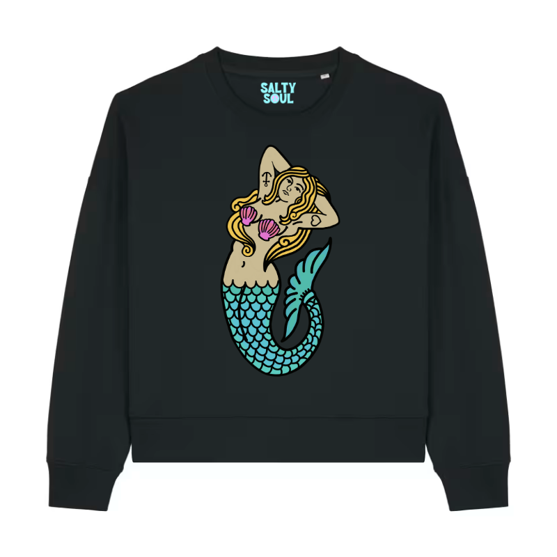 front of black women's sweatshirt with a tattooed mermaid graphic illustration printed on it.