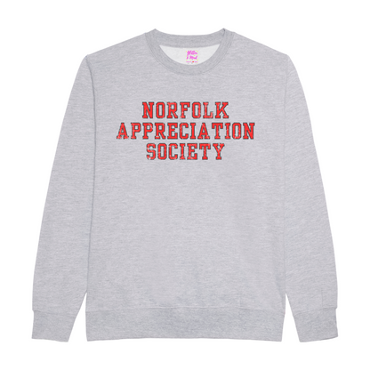 Vintage style Norfolk Appreciation Society sweatshirt in grey with red &amp; black grunge text.