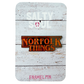 Red Glitter Enamel pin with 'Norfolk Things' text on a wooden texture card with 'Salty Soul' branding.