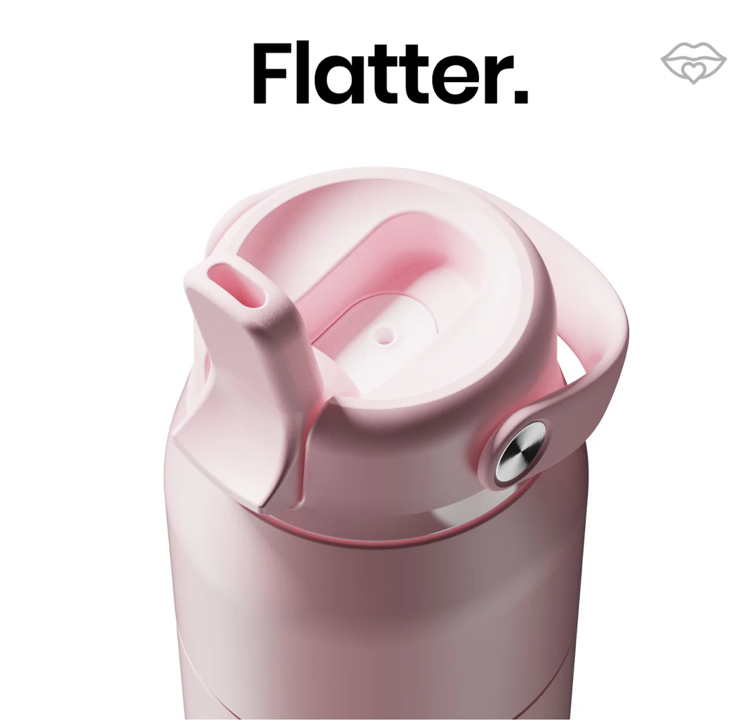 A close-up of a Flatter. reusable bottle lid in soft pink, showing the spout and flip-top style opening, on a white background with the Flatter.