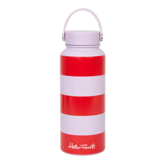 Red and lilac horizontally striped insulated water bottle with a lilac screw-on lid and flexible carry handle  featuring a small Hello Ferretti logo at the base