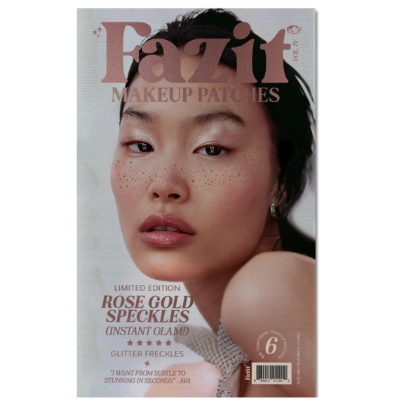 A packaging image of Fazit Makeup Patches featuring a woman with rose gold star freckles, a temporary glam product.