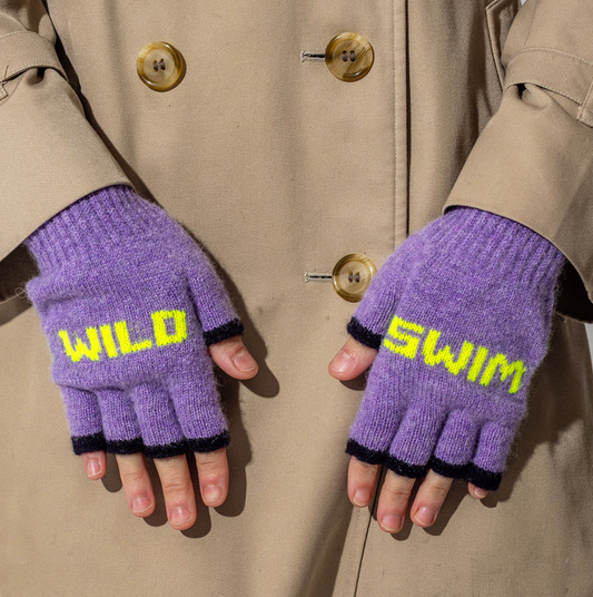 Wild Swim Fingerless Gloves in Parma Violet & Neon Yellow