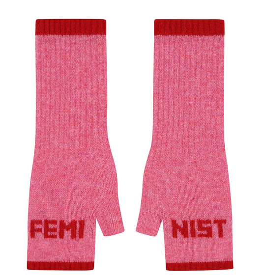 Feminist Fingerless Mittens in French Rose & Rouge