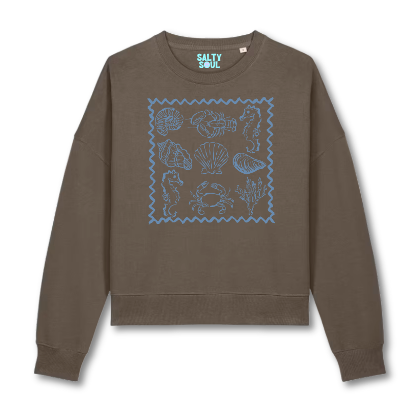 Brown sweatshirt with blue sea-themed design and 'Salty Soul' branding 
