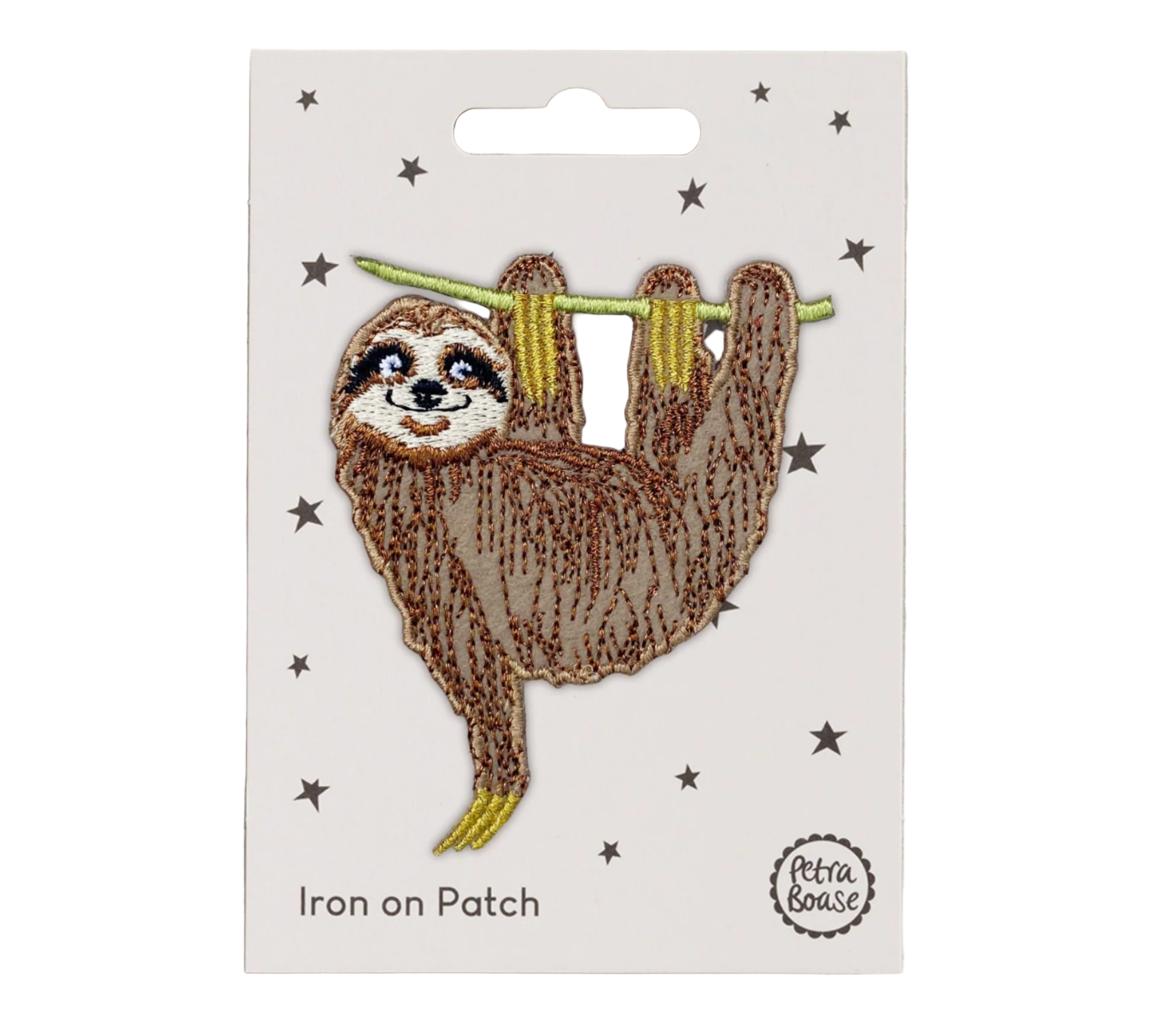 A sloth patch with iron-on backing, displayed on a card with the brand name 'Petra Boase'.