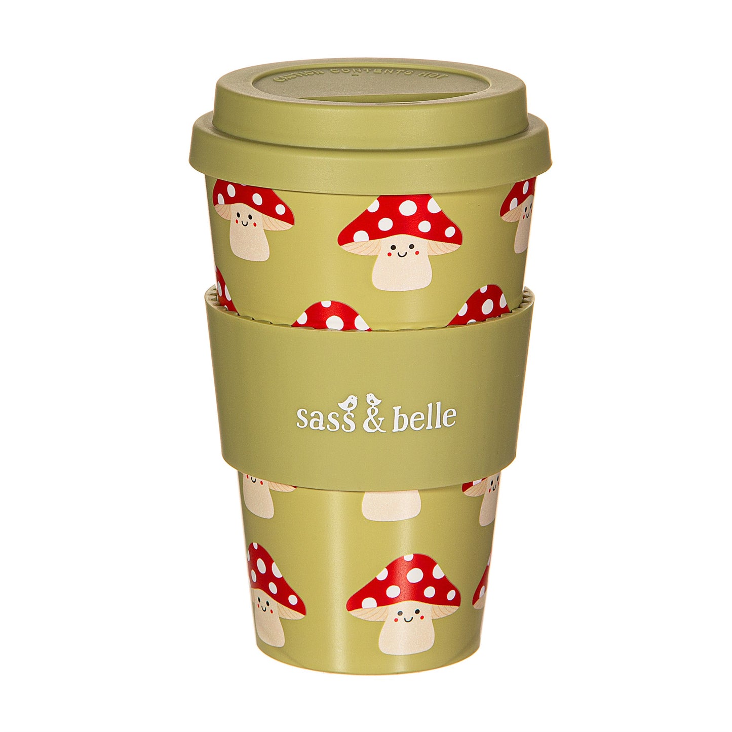 Smiling mushroom graphic green travel cup with green silicone heat protect and lid with 'Sass & Belle' branding on, on a white background 