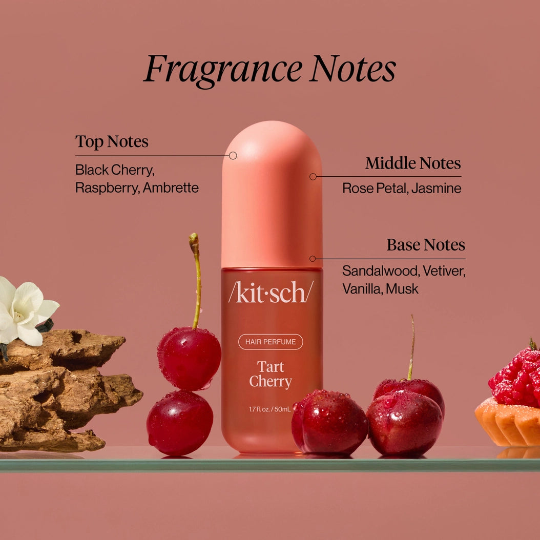 Kit-sch Tart Cherry hair perfume bottle with fragrance notes on a pink background