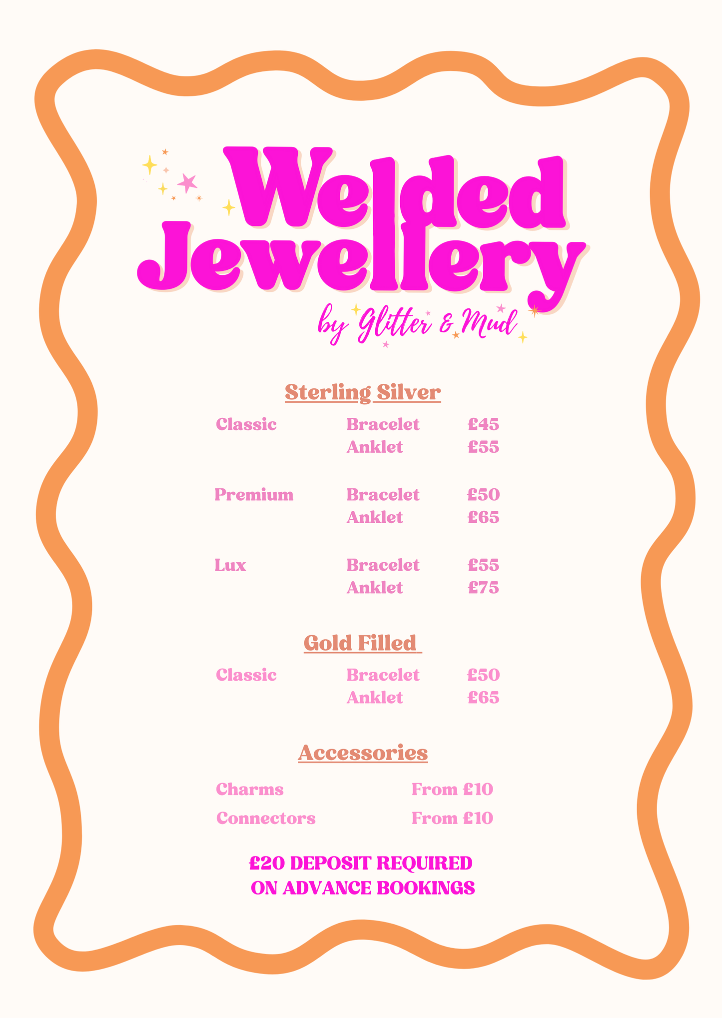 A pricing list for Welded Jewellery services, featuring sterling silver and gold filled options with different prices for various accessories.