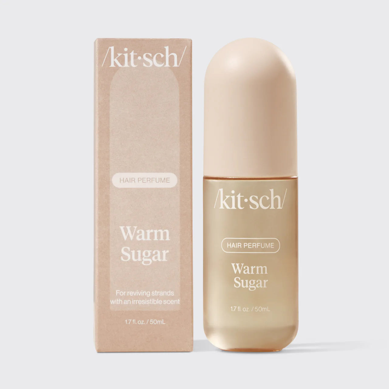 Kit-sch Warm Sugar light beige hair perfume bottle and packaging on a white background