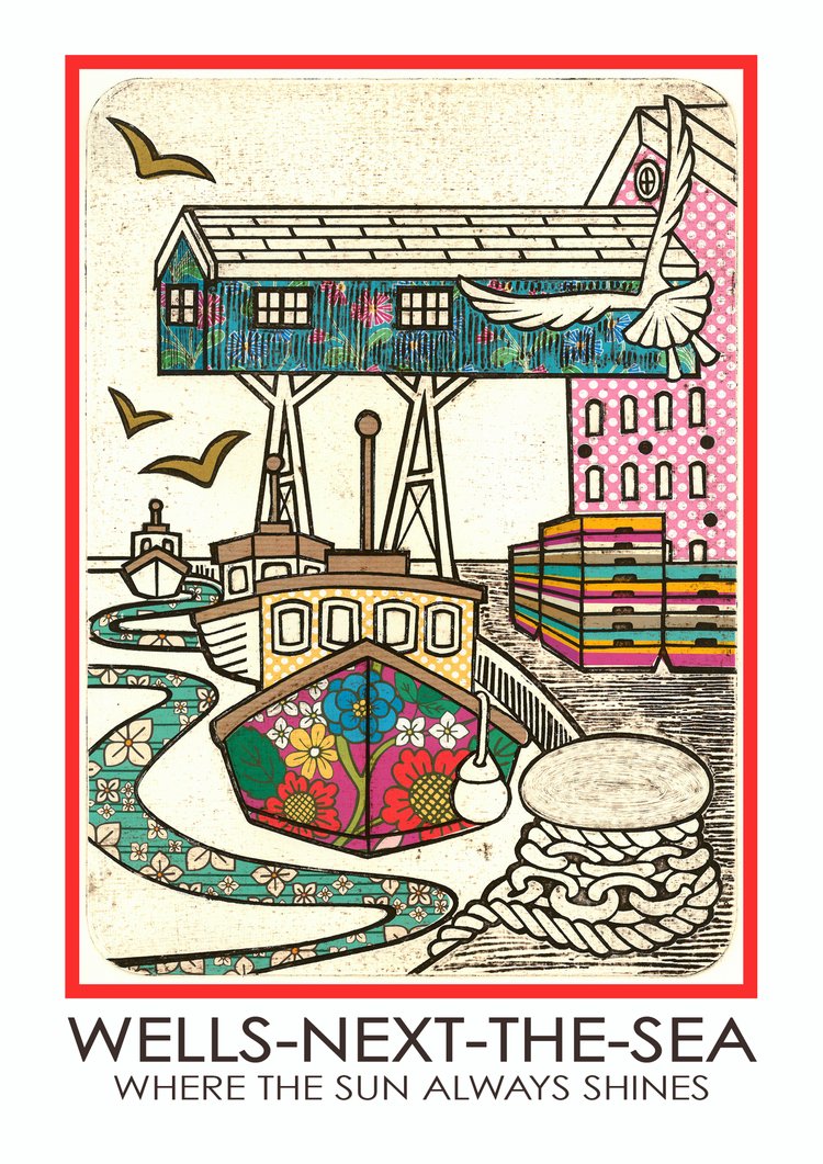A colorful artwork featuring a stylized illustration of a boat, buildings, and a bird in flight, indicative of Wells Next the sea Quay , on a textured background.