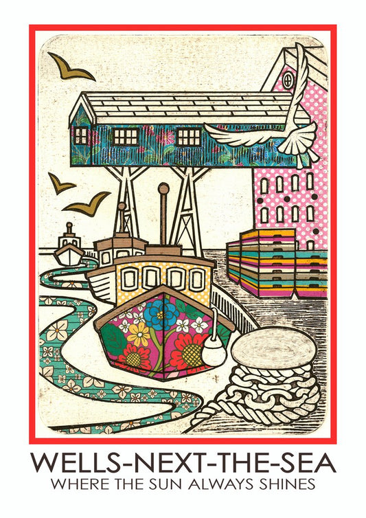 A colorful artwork featuring a stylized illustration of a boat, buildings, and a bird in flight, indicative of Wells Next the sea Quay , on a textured background.