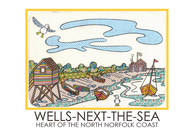 A colorful artwork featuring a stylized illustration of a boat, buildings, and a bird in flight, indicative of Wells Next the sea beach walk, on a textured background.