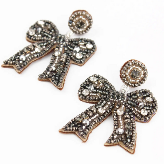 Silver Beaded Bow Earrings