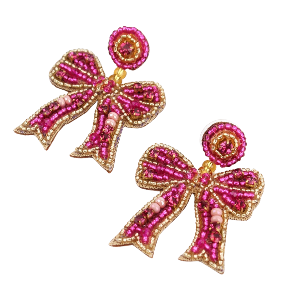 Pink Bow Beaded Earrings