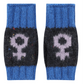 Pair of blue and navy fingerless gloves with a feminist design in lilac on a white background