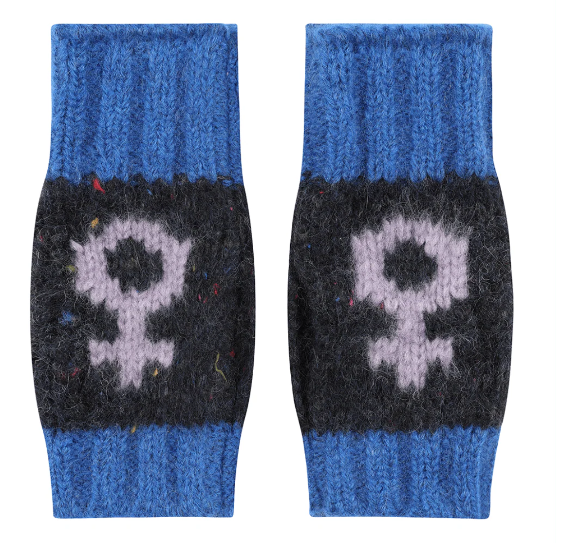 Pair of blue and navy fingerless gloves with a feminist design in lilac on a white background