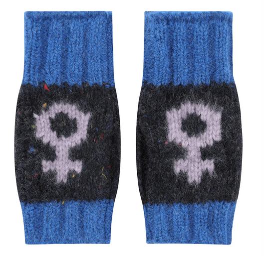Pair of blue and navy fingerless gloves with a feminist design in lilac on a white background