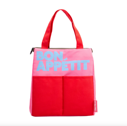 Red and pink insulated lunch bag with 'Bon Appetit' in blue text on a white background