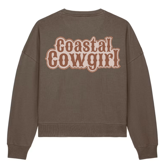 back of Brown sweatshirt with 'Coastal Cowgirl' western style text across the against a white background