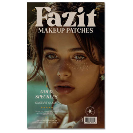 Product packaging for Fazit sparkle freckle Makeup Patches with a model wearing gold speckles.