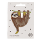 A hanging sloth Embroidered patch with iron-on backing, displayed on a card with the brand name 'Petra Boase'.