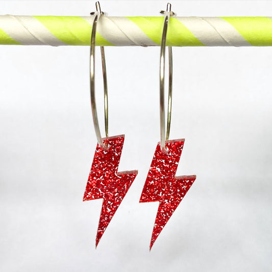 Glitter lightning bolt hoop silver & acrylic earrings