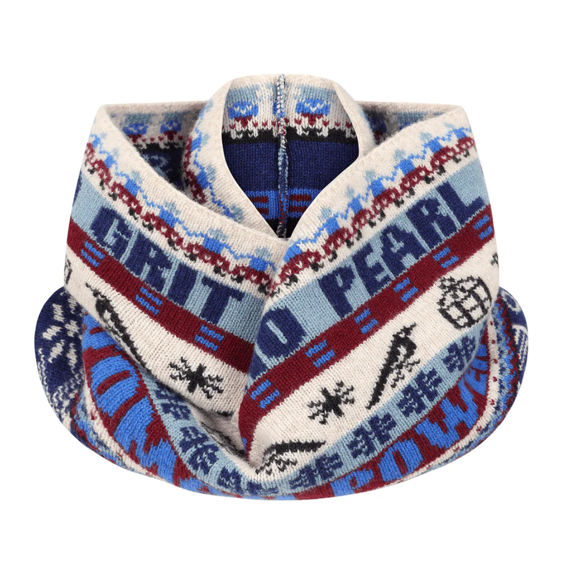 Knitted cowl with a patterned design on a white background blue, red and beige knitted snood 'No Grit No Pearl, Woman Power' text and symbols on a white background