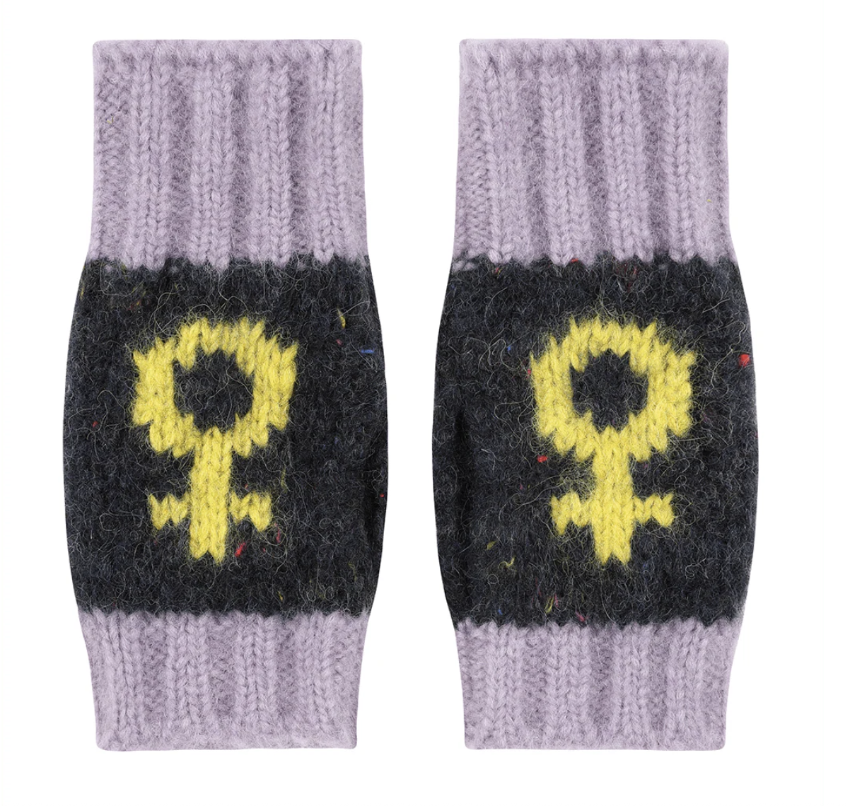 Pair of knitted hand warmers with neon yellow feminist symbols on a navy and lilac base 