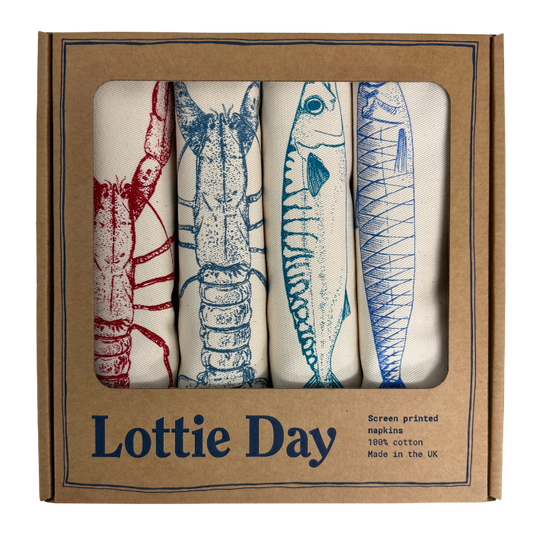 4 screen printed Napkins - original illustrations of blue lobster, red lobster, mackerel and Sardine, these handmade accessories are an original idea for seafood lovers or a quirky present for a friend who has everything.