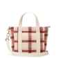 A small woven tote bag with a cream and dusty rose plaid pattern, featuring dual top handles and a matching adjustable shoulder strap, shown against a plain white background.