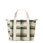 A small tote bag with a green and beige plaid pattern, featuring cream-colored fabric handles and a small white brand label on the front that reads 'hindbag'.