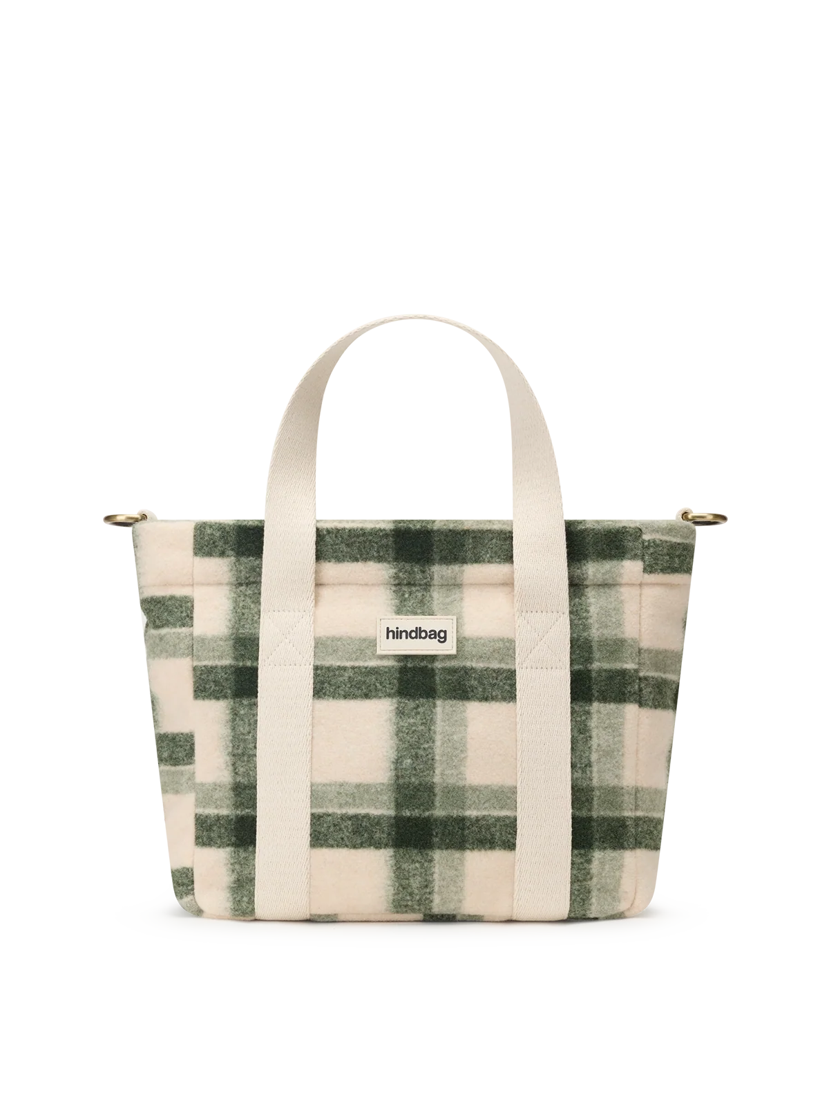 A small tote bag with a green and beige plaid pattern, featuring cream-colored fabric handles and a small white brand label on the front that reads 'hindbag'.