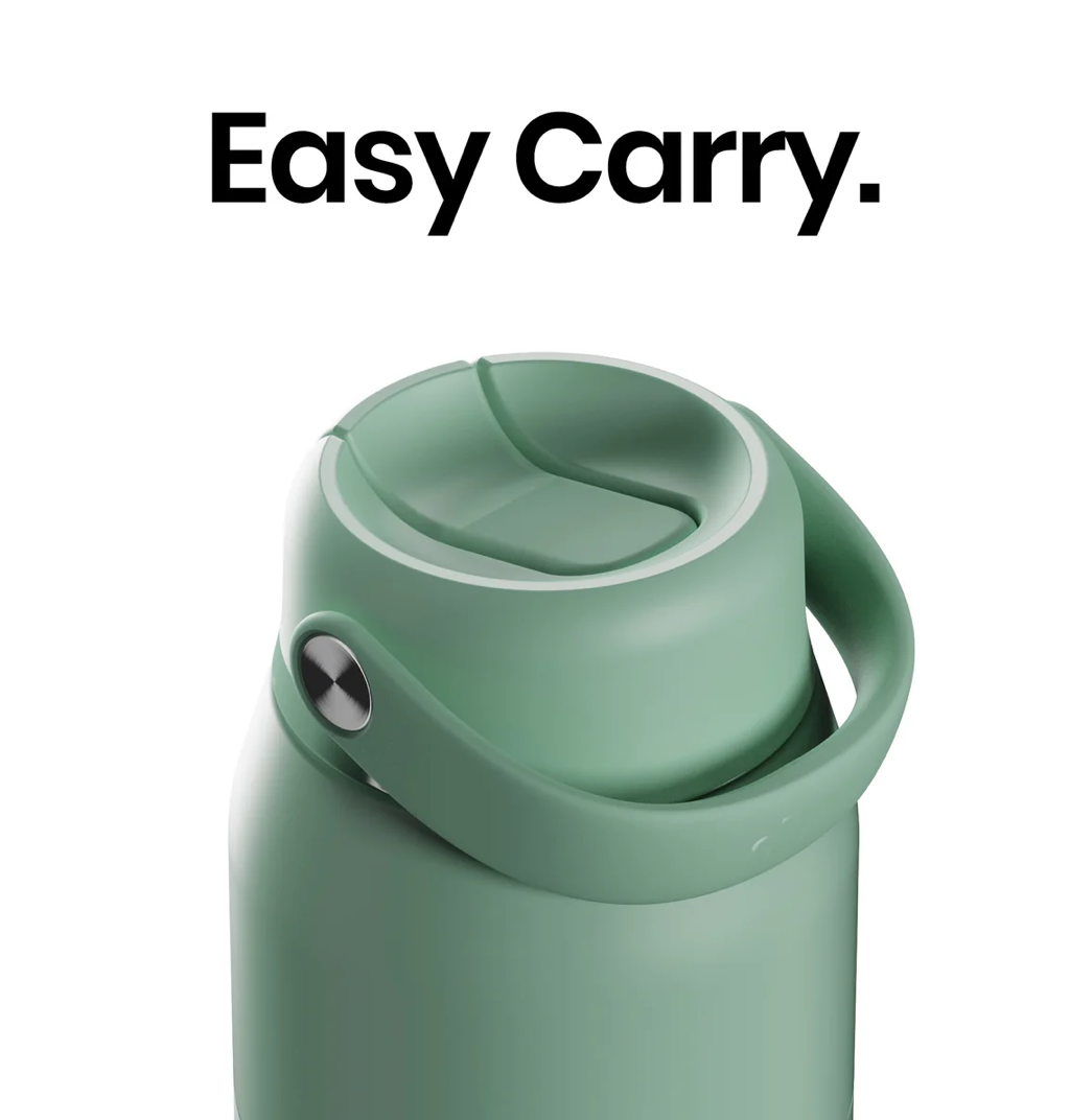 A close-up of a mint green insulated bottle with a carry loop and flip-top lid, shown against a white background with the text 'Easy Carry.' at the top.