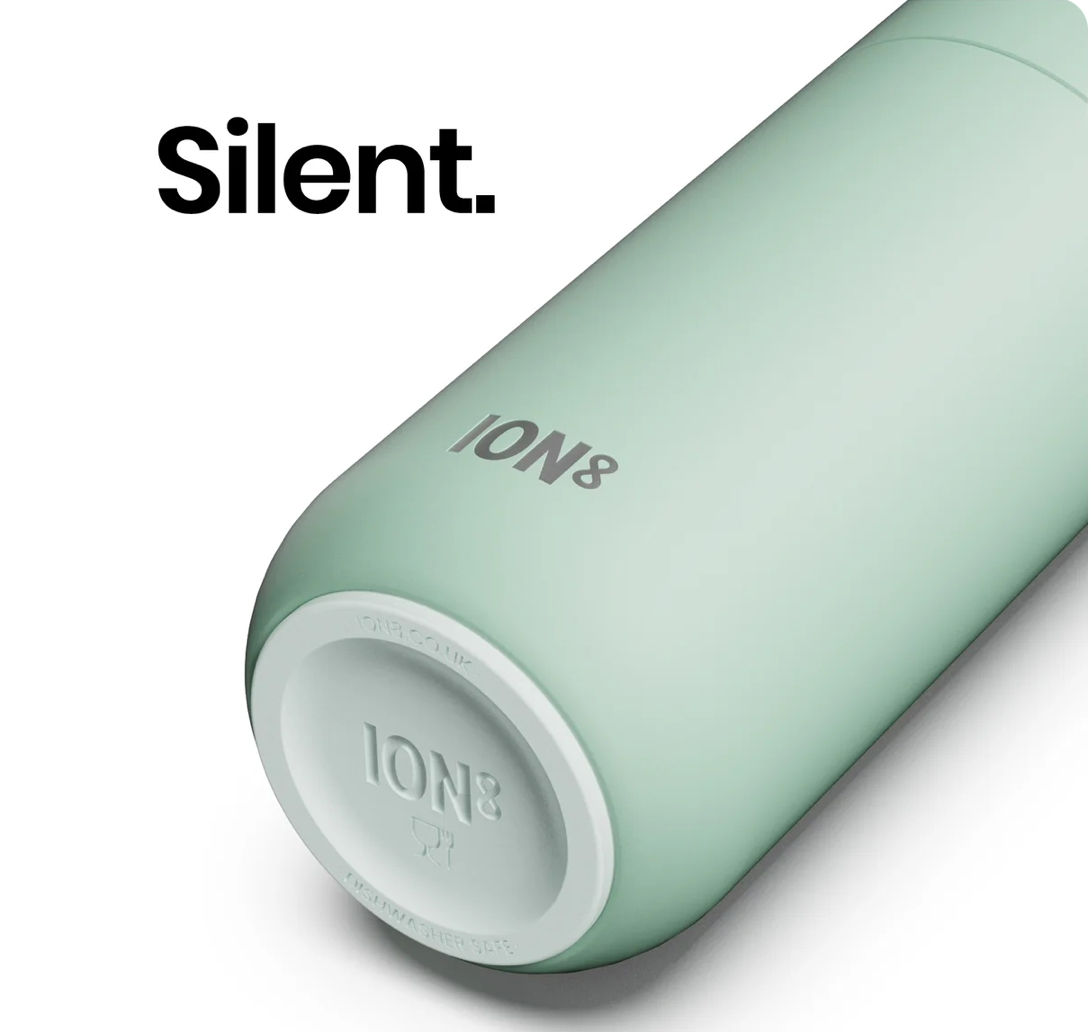 A close-up of a mint green  water bottle, showing the 'ION8' brand name printed on its side and the bottom base. The word 'Silent.