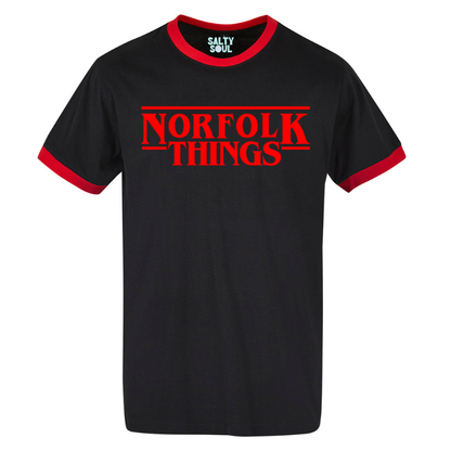 Black ringer t-shirt with red trim and 'Norfolk Things' red stranger things style text on a white background