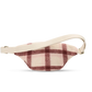 A small waist bag with a cream-colored strap and a cream and burgundy plaid body, shown against a plain white background.