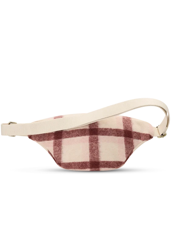 A small waist bag with a cream-colored strap and a cream and burgundy plaid body, shown against a plain white background.