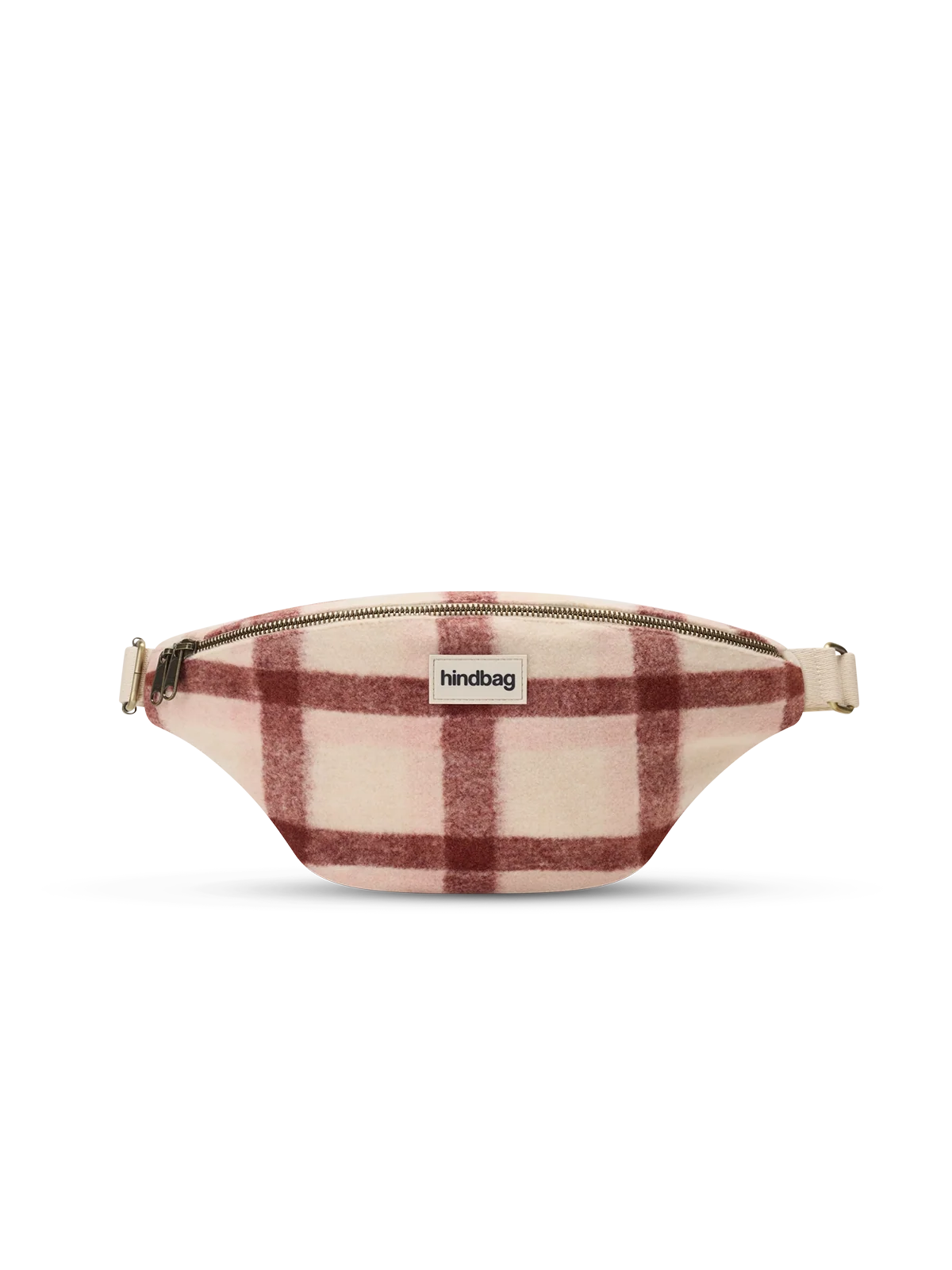 A small zippered waist bag with a cream and dusty red plaid pattern, featuring a white 'hindbag' label on the front.
