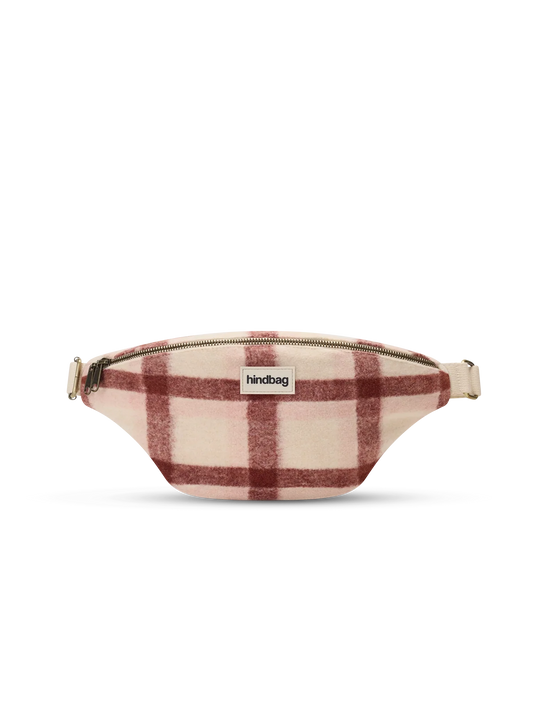 A small zippered waist bag with a cream and dusty red plaid pattern, featuring a white 'hindbag' label on the front.