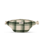 A green and cream plaid wool fanny pack with a small white 'hindbag' label on the front, set against a plain white background.
