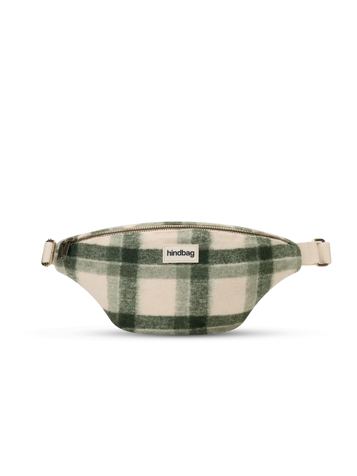 A green and cream plaid wool fanny pack with a small white 'hindbag' label on the front, set against a plain white background.