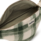 A close-up of a green and cream plaid pouch bag shown open, displaying its interior lining and a white brand label that reads 'hindbag'.