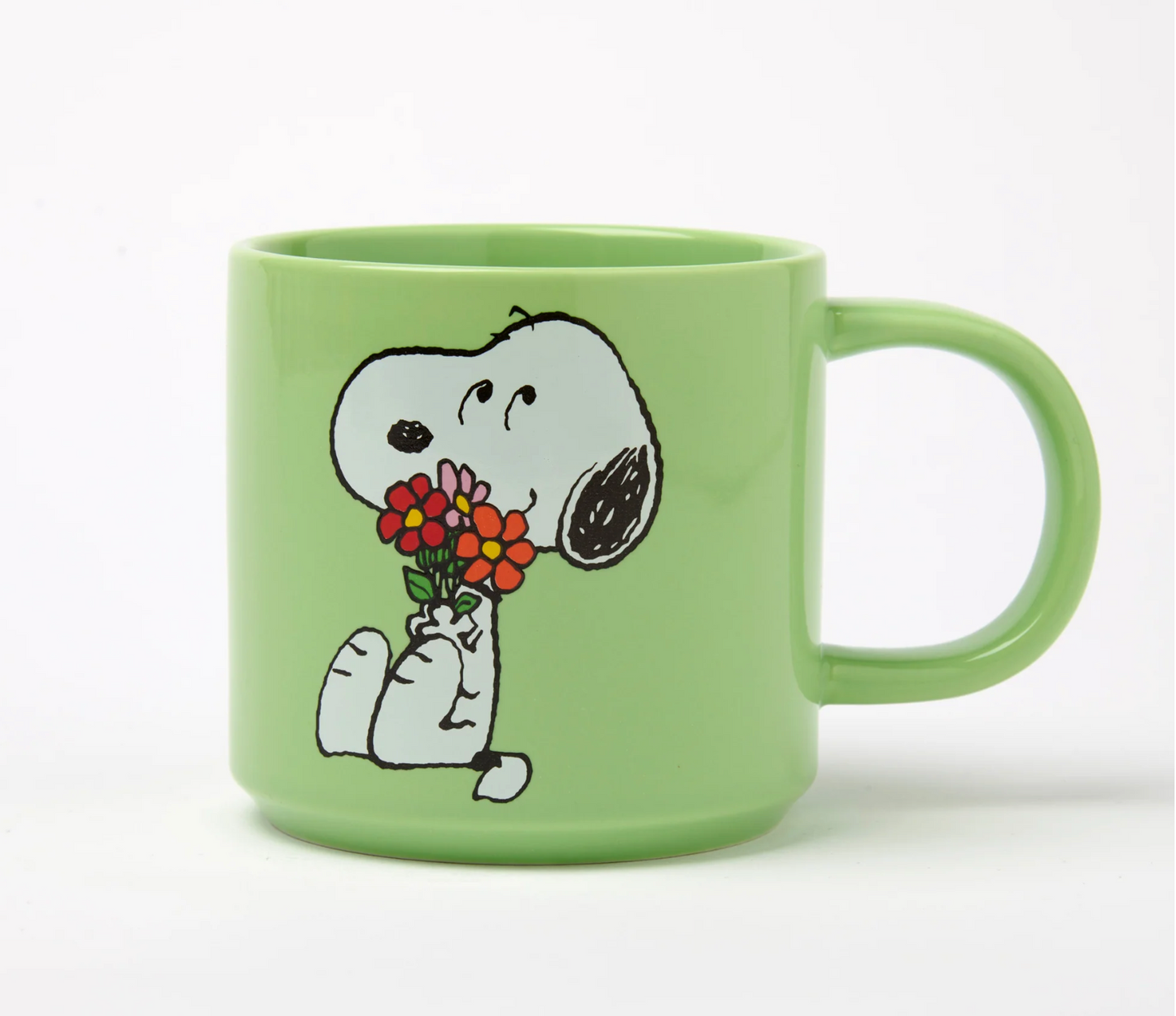 pastel green mug with snoopy sat holding a colourful bunch of flowers 